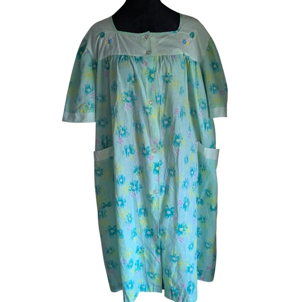 Vintage Bernette Floral Snap Front Duster House Dress Plus Size 2X Mint Green